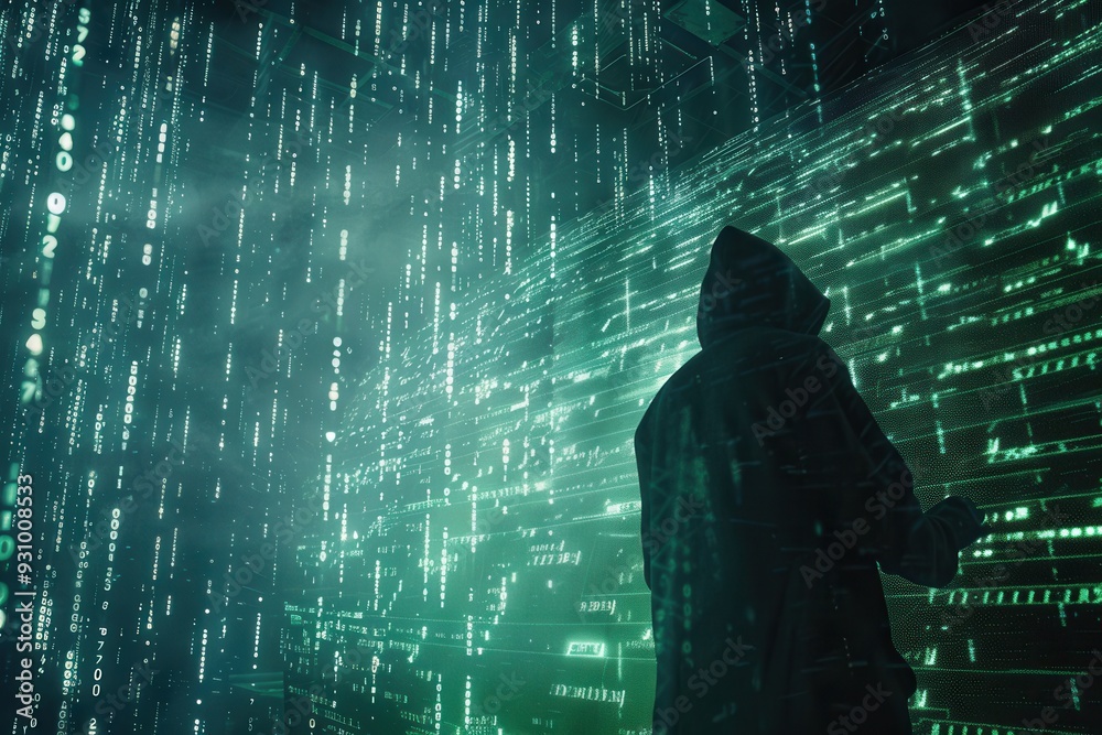 Aufkleber a hacker, cloaked in a hoodie, engages with a computer displaying flowing matrix-like code in a dark