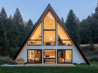 Modern A-frame house with large windows, surrounded by lush trees, showcasing cozy interior...