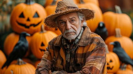 Obraz premium Half Body Portrait of an Old Man with Long Beard and Jack-o'-lanterns background