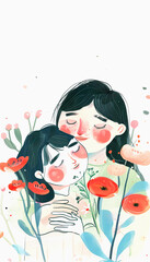 Fototapeta premium A Mother and Daughter Embracing in a Field of Flowers