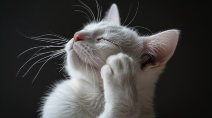 White cat grooming itself