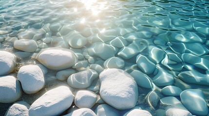Obraz premium Smooth white stones lie under clear turquoise water with bright sunlight reflecting on the rippled surface.