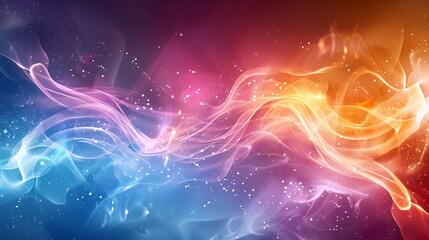 Abstract colorful background with glowing wavy lines and sparkling particles.