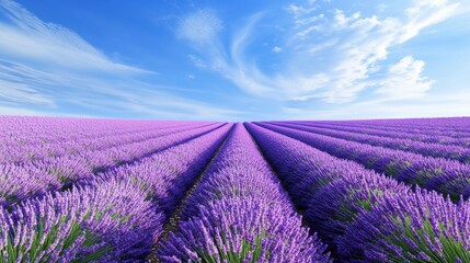 Obraz premium Vibrant lavender field under a blue sky, showcasing rows of blooming flowers with a stunning horizon line and fluffy clouds.