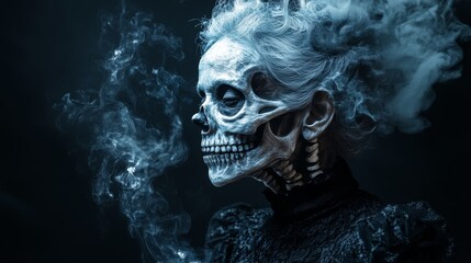 Old Woman with Skull Face Painted, Scary Halloween