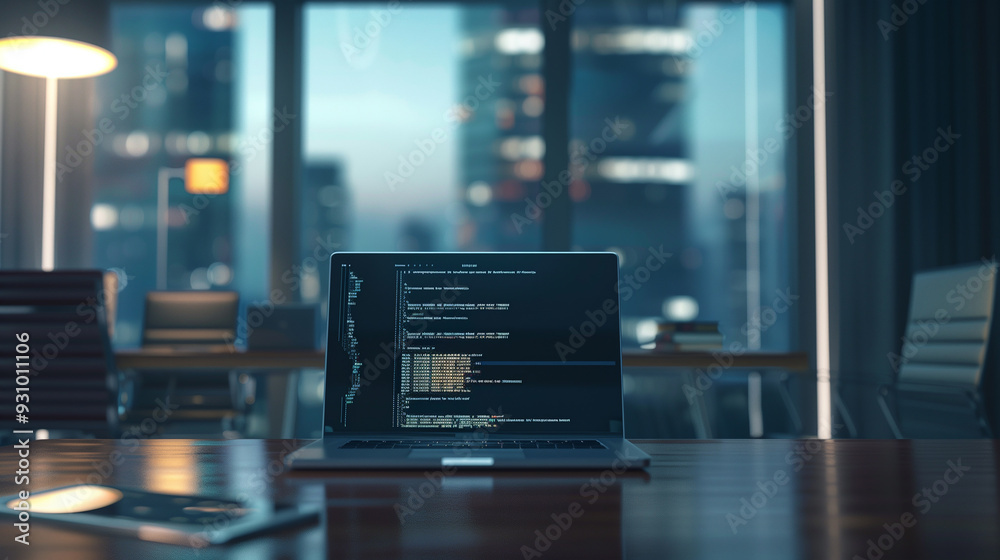 Poster software codes display on screen of a laptop on the table in modern office, web development software