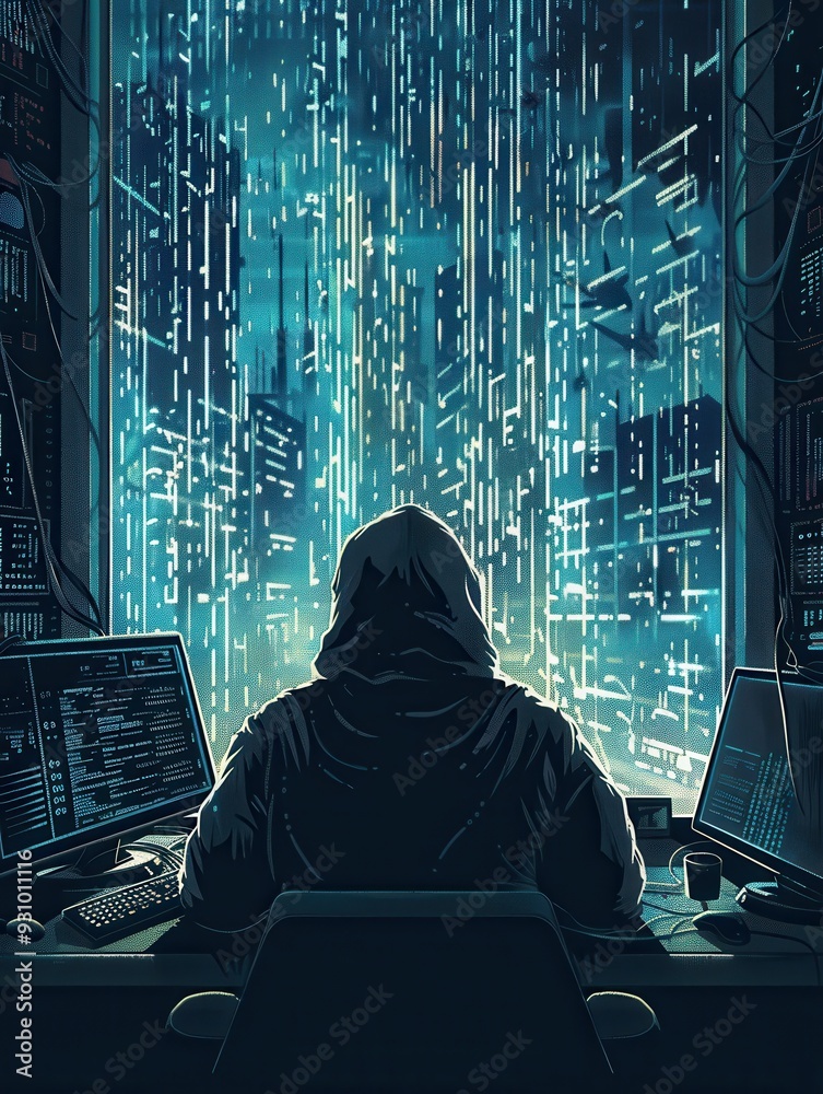 Aufkleber A silhouette of a hacker in a hoodie works intently on multiple screens filled with matrix-like code, illuminated in a dark environment. Generative AI