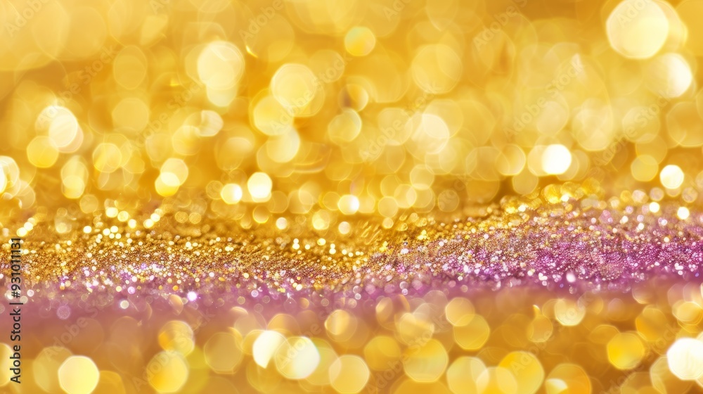 Poster gold horizontal pattern with purple bokeh, soft light, copy space