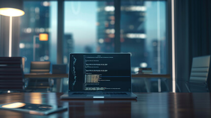 software codes display on screen of a laptop on the table in modern office, web development software engineering cybersecurity 