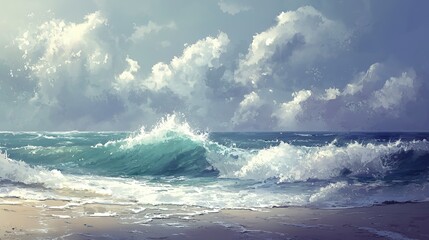 Obraz premium A picturesque seascape with turquoise waves crashing onto a sandy shore under a cloudy sky.
