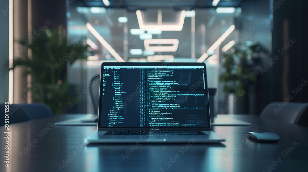 Poster software codes display on screen of a laptop on the table in modern office, web development software