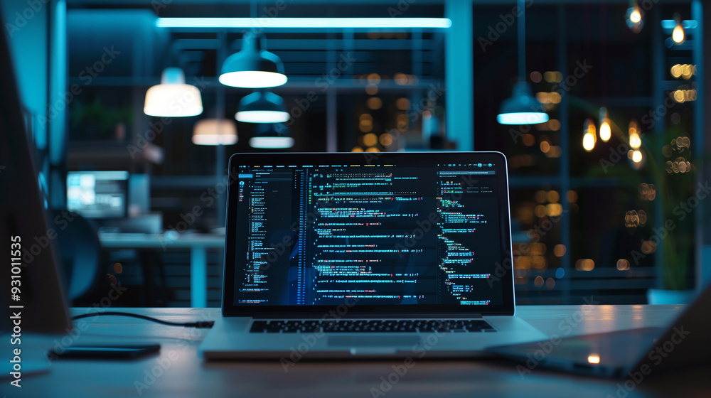Poster software codes display on screen of a laptop on the table in modern office, web development software