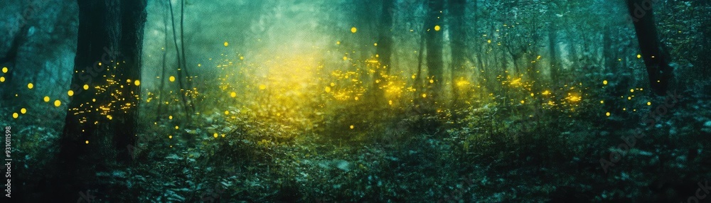 Poster A mystical forest illuminated by glowing fireflies, creating a serene and enchanting atmosphere in nature.