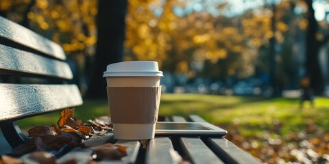 The texture of a coffee cup on a park bench beside a tablet, with a peaceful urban environment surrounding