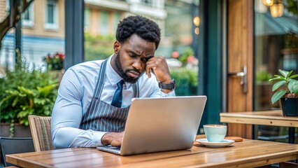 frustrated young black male business owner sitting in front business with laptop 