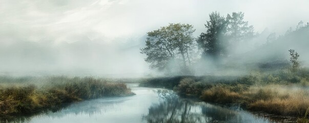 A serene wetland scene featuring gentle mist, reflective water, and lush greenery, creating a peaceful and tranquil atmosphere.