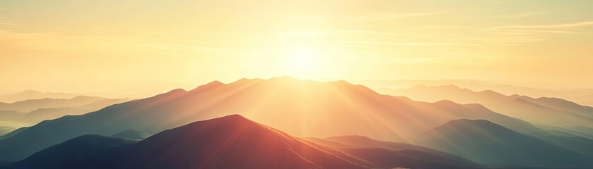 Breathtaking sunrise over misty mountains, casting warm light and shadows, creating a serene and tranquil atmosphere for nature lovers.