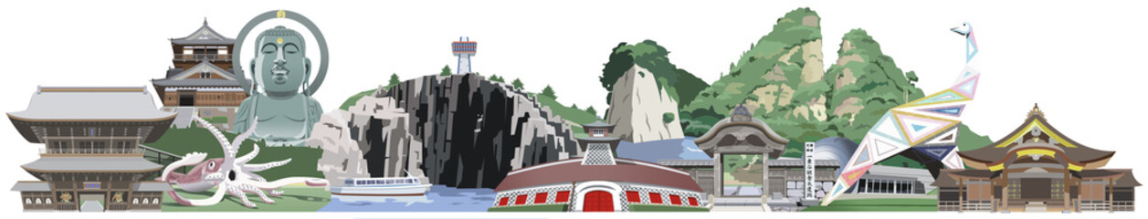 北陸4県観光地イラストアイコン集合　レトロバージョン