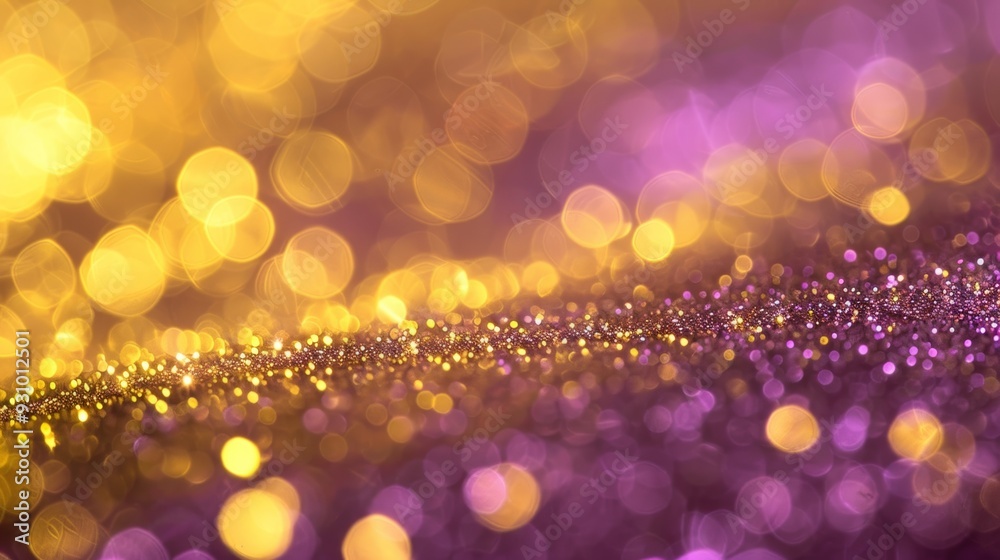 Poster gold horizontal row with light purple bokeh, soft lighting, elegant backdrop
