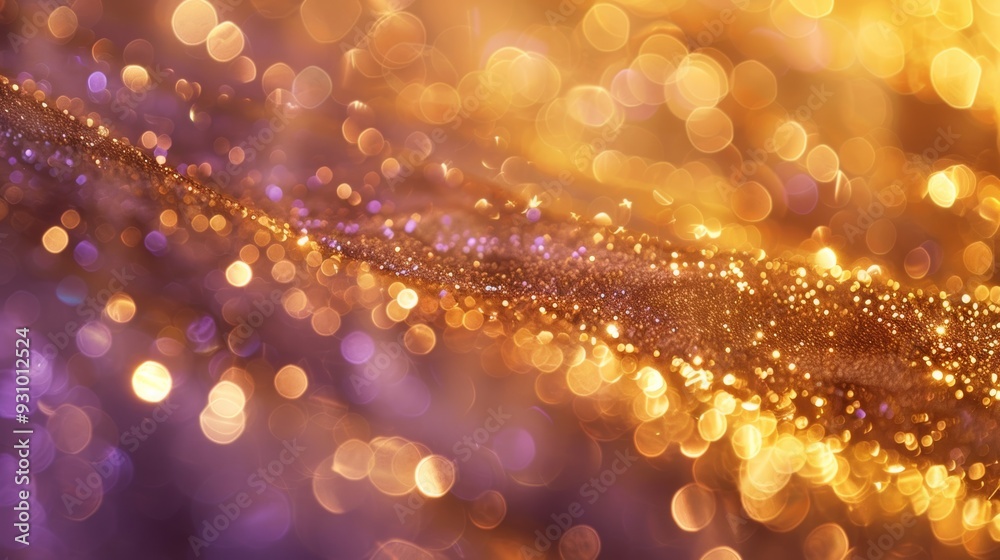 Poster gold horizontal row with light purple bokeh, soft lighting, elegant backdrop