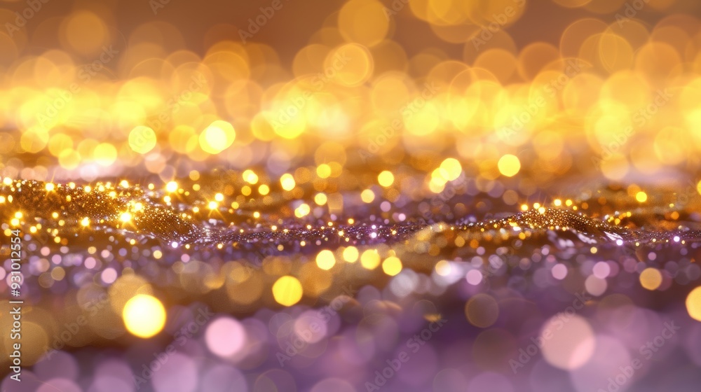 Poster gold horizontal row with light purple bokeh, soft lighting, elegant backdrop