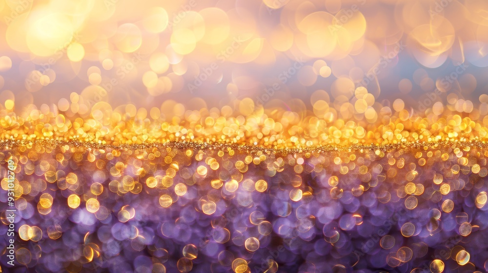 Poster gold horizontal row with light purple bokeh, soft lighting, elegant backdrop