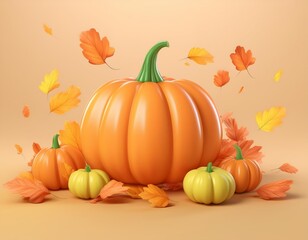 A large orange pumpkin and three smaller pumpkins rest amongst falling autumn leaves, 3D illustration