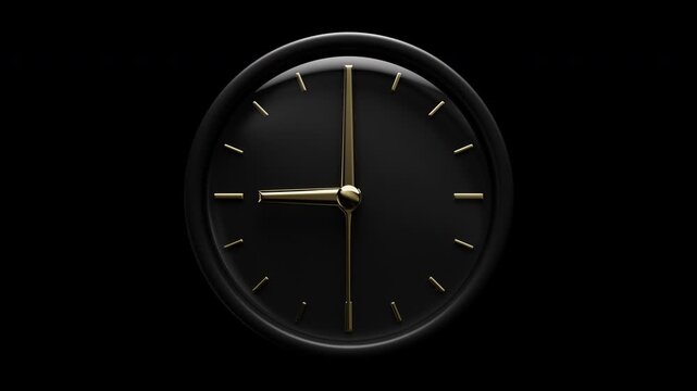 Modern 3D Analog Black and Gold Clock Running Loop