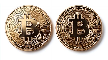 Two golden Bitcoin cryptocurrency coins isolated on a white background.