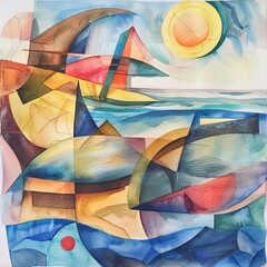 Fototapeta premium Watercolor painting of a cubist interpretation of a beach scene, with fragmented waves, sun, on isolated white background