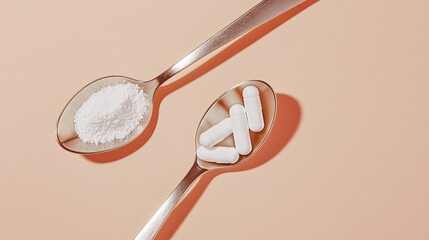 Collagen supplements, two elegant spoons with white collagen powder and collagen capsules