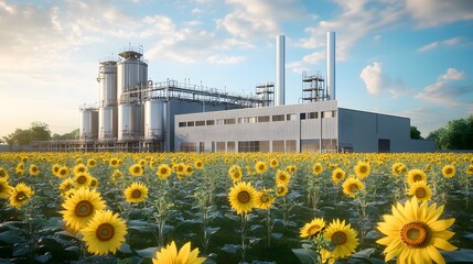 Obraz premium A large industrial plant with a field of yellow flowers in the background. Scene is peaceful and serene, with the contrast between the industrial plant