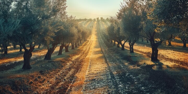 After Harvest Olive Tree Rows from Intensive Cultivation with Pruning Remnants