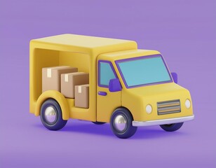 A yellow delivery truck with packages in the back, 3D illustration
