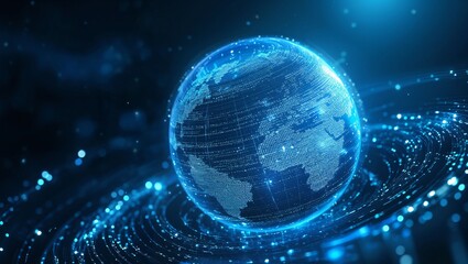 A stunning visualization of Earth through a high-tech lens, showcasing intricate digital patterns and vibrant blue lights, representing connectivity in a cosmic space.