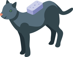 Isometric illustration of a black cat carrying a sponge on its back with its tail raised