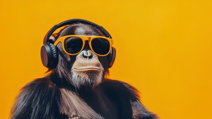 Cool Chimpanzee with Headphones and Sunglasses - Fun and Vibrant Animal Portrait