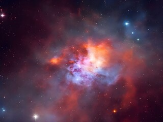 Naklejka premium Vibrant Cosmic Nebula with Colorful Light Beams and Starry Background in Deep Space 