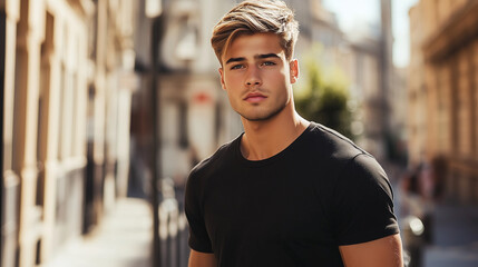 Fototapeta premium Photogenic Male Model in a Black T-Shirt, Casual Attire, Posing in an Urban City Environment 