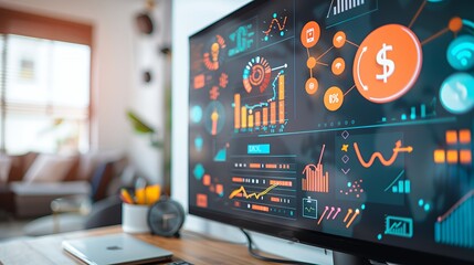 A computer monitor displaying a financial dashboard with graphs, charts, and data visualizations, showing a dollar symbol in an orange circle.