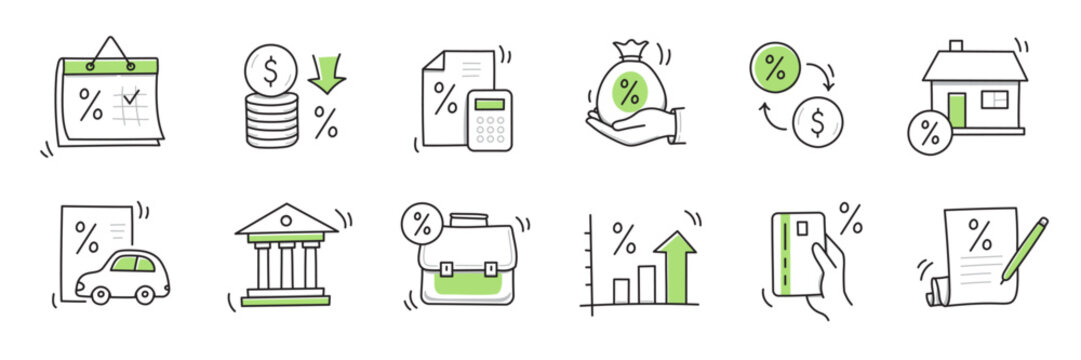 Loan interest rate doodle icon set. Hand drawn sketch doodle line style bank money loan interest rate icon for house, car discount percentage concept. Trendy cute element. Vector illustration