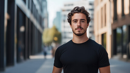 Fototapeta premium Photogenic Young Man in Black Cotton T-Shirt Standing in an Urban Setting with Clean, Empty Fabric Space 