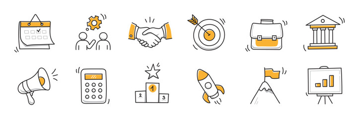 Hand drawn doodle business, money icon set. Finance, startup marketing sketch drawn cute trendy line doodle icon. Business work, finance rocket, growth economic goal elements. Vector illustration