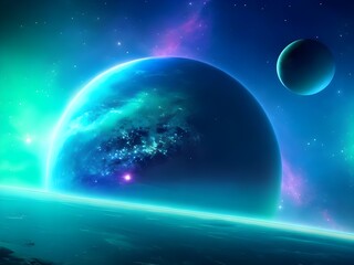 Obraz premium Futuristic Space Scene with Glowing Nebula, Shimmering Stars, and Distant Planets 