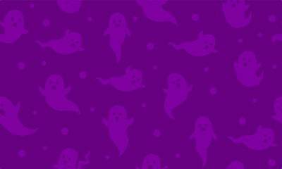 A seamless pattern of adorable, spooky ghost illustrations on a vibrant purple background. Perfect for Halloween-themed designs, party invitations, greeting cards, and festive decorations.