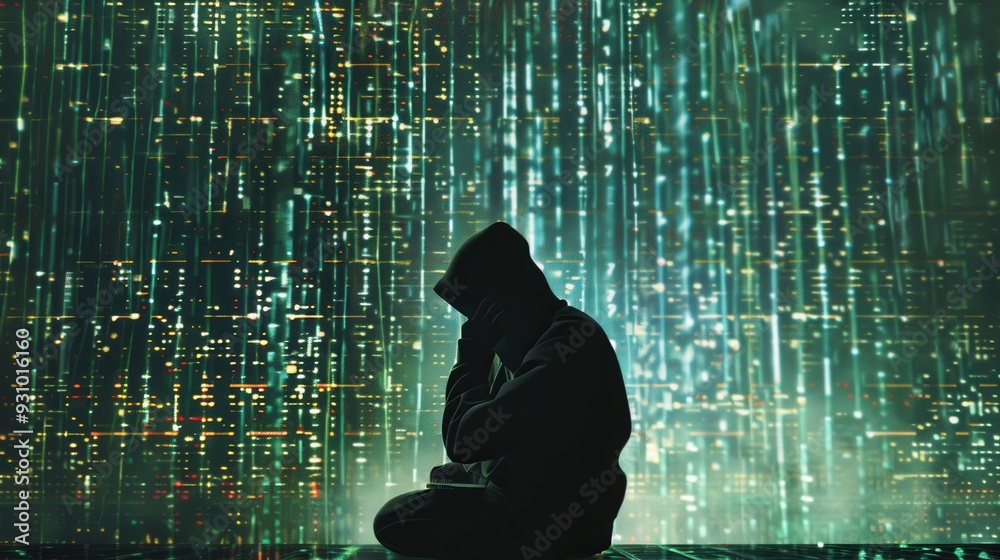 Poster a hacker in a hoodie sits focused in front of a computer, illuminated by a large screen filled with 