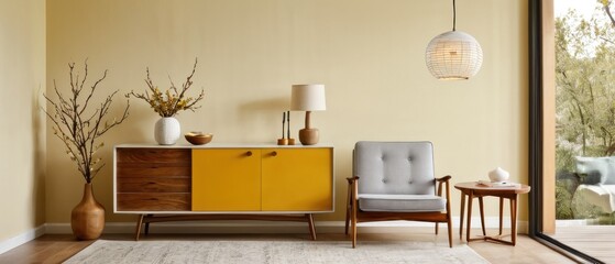 Cozy and stylish mid-century modern living room featuring vintage furniture, vibrant yellow accents, and unique decorative elements, creating a warm and inviting atmosphere.
