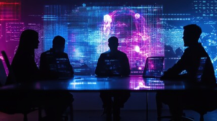 Roundtable discussion with participants as silhouettes, holographic screens reflecting their faces, dark mode, cyberpunk, digital art