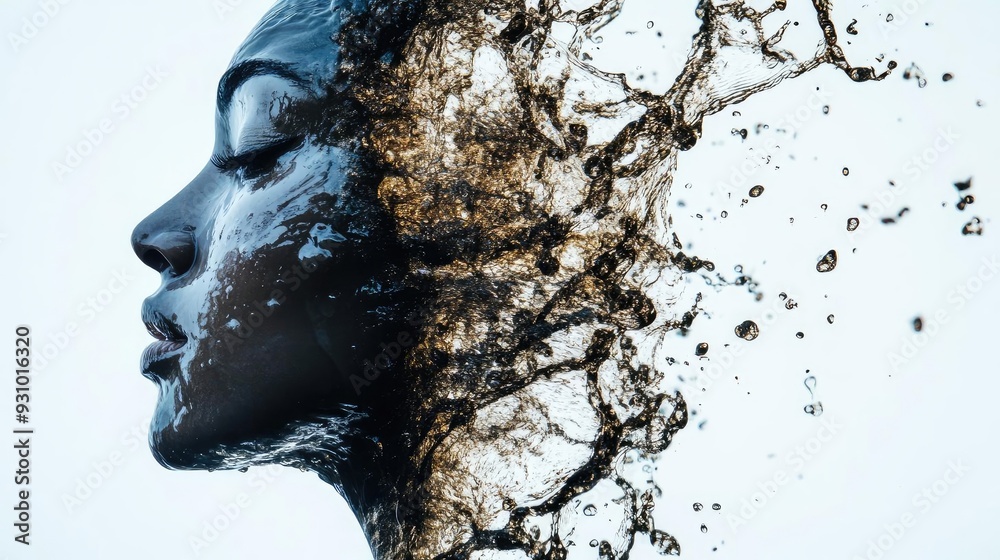Poster a striking concept image of a woman's profile merging with water, symbolizing fluidity and the conne