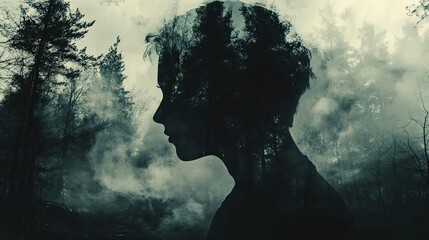 A captivating silhouette of a person blended with a misty forest, symbolizing the connection between nature and human emotions.
